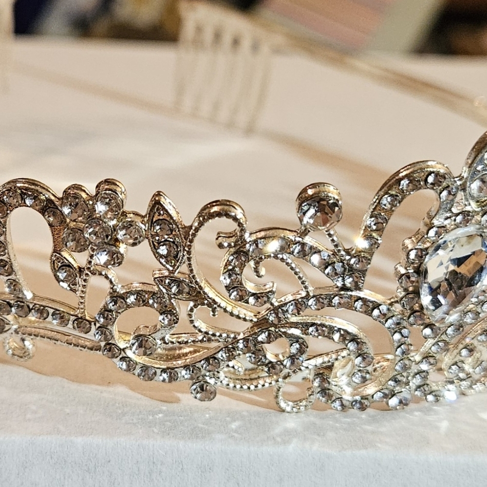 🎃 Silver Rhinestone Embedded Metal Tiara Crown.  Adult size